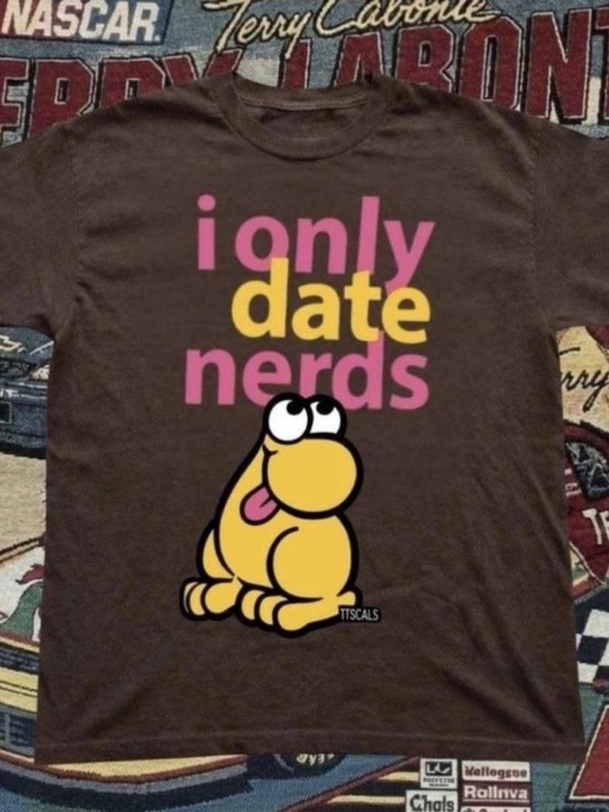 Gildan Tops - Gildan Brown Tee with Pink and Yellow 'I Only Date Nerds' Graphic